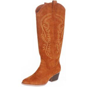 ⚡Women's Brown Embroidered Cowgirl Boots Knee High Pointed Toe Chunky Heel